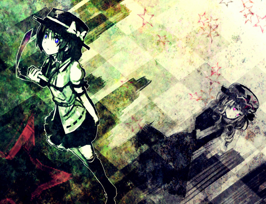 blue_eyes, hat, long_hair, maribel_hearn, multiple_girls, necktie, orga_(pixiv), organ_derwald, purple_eyes, short_hair, symbol-shaped_pupils, touhou, usami_renko, violet_eyes