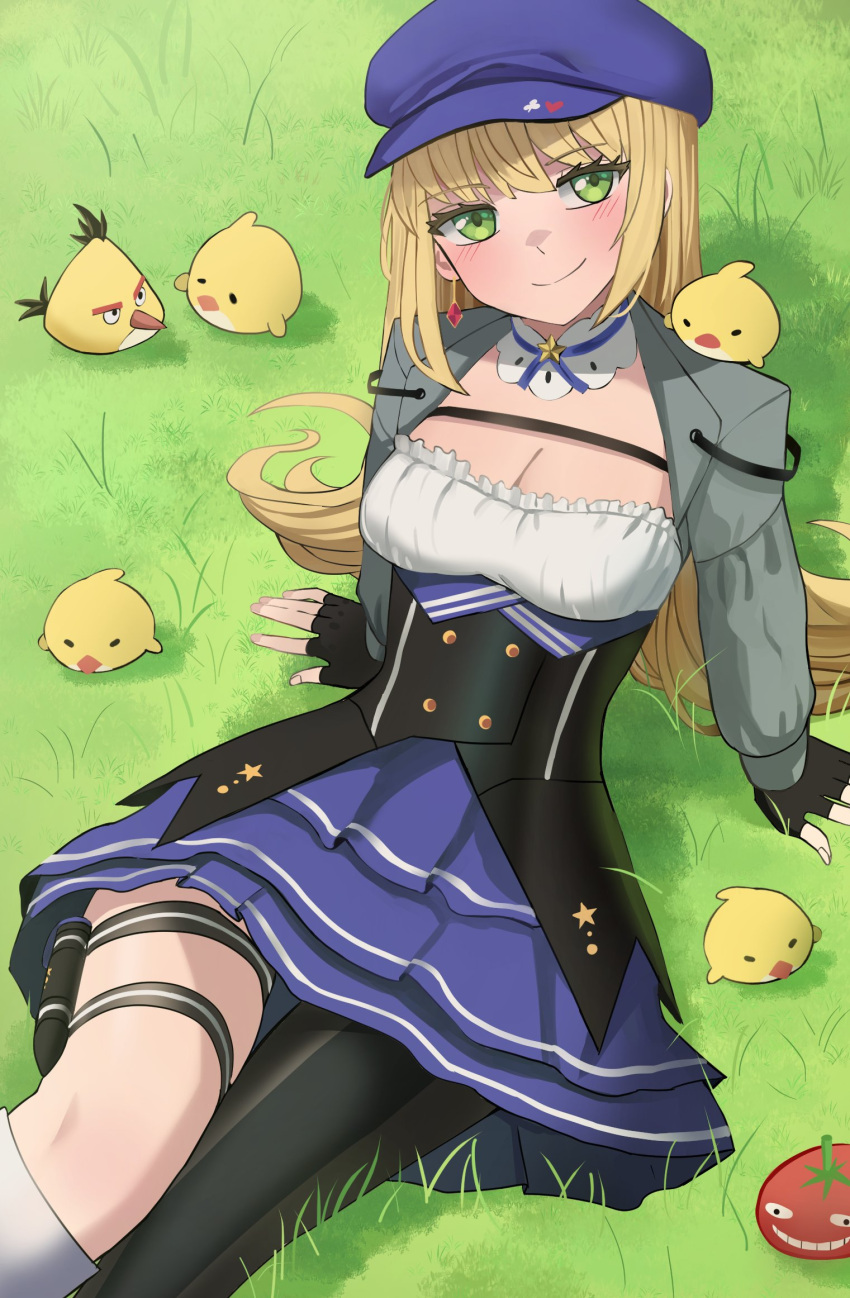 1girl, angry_birds, asymmetrical_legwear, bird, blonde_hair, blue_headwear, blush, chick