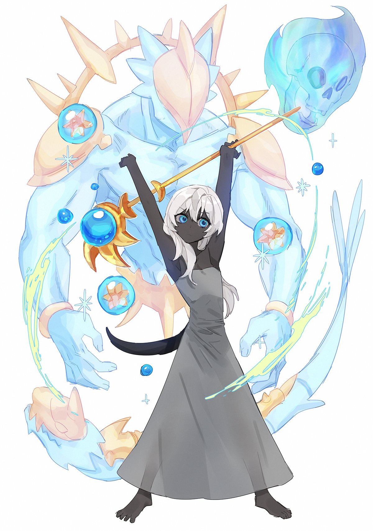 1girl, armpits, bare_arms, barefoot, blue_eyes, closed_mouth, dark-skinned_female, dark_skin