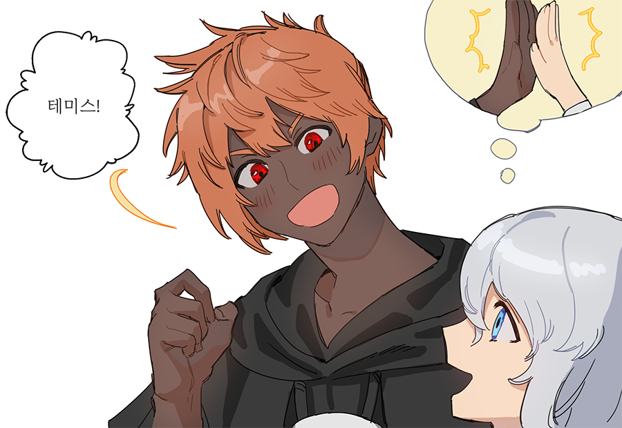 2boys, :d, black_robe, blue_hair, blush, dark-skinned_male, dark_skin, erichthonios