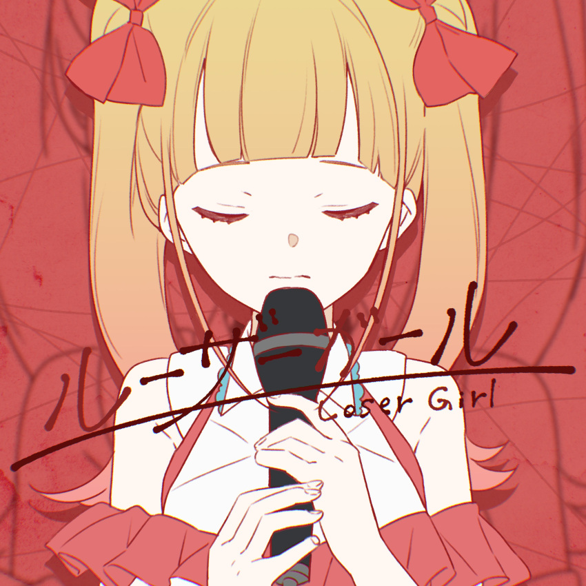 1girl, absurdres, album_cover, album_name, bare_arms, bare_shoulders, black_eyeliner, blonde_hair