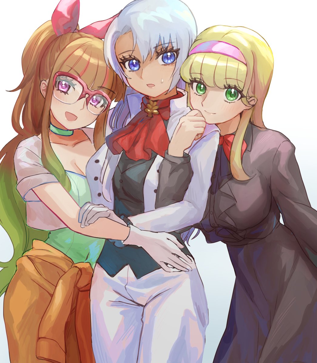 3girls, ascot, black_dress, black_shirt, blonde_hair, blue_eyes, bow, brown_hair, choker, clothes_around_waist, dress, glasses, gloves, goha_yuuna, green_choker, green_eyes, hair_bow, hairband, jacket, long_hair, looking_at_viewer, multiple_girls, mutsuba_asaka, ohdo_yuamu, open_mouth, pants, pink_hairband, red_ascot, red_bow, shirt, simple_background, smile, violet_eyes, white_background, white_gloves, white_hair, white_jacket, white_pants, yu-gi-oh!, yu-gi-oh!_go_rush!!, yuzutaroman