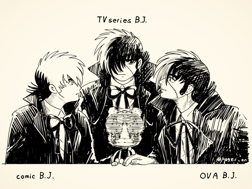 1girl, 3boys, absurdres, afterimage, black_jack_(character), black_jack_(series), bow, bowtie