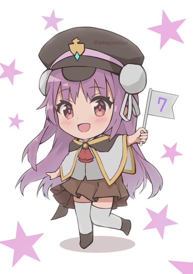 1girl, :d, amayomiyu, arm_at_side, ascot, black_headwear, blush, brown_skirt