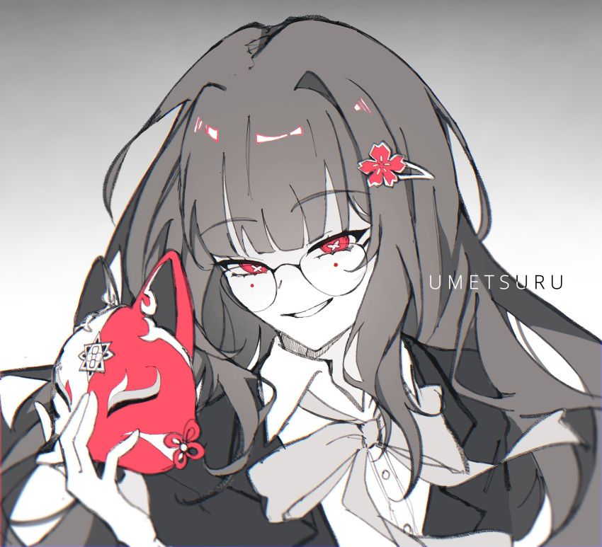 1girl, :d, blazer, collared_shirt, fox_mask, glasses, greyscale, grin, hair_intakes, hair_ornament, hairclip, highres, holding, holding_mask, honkai:_star_rail, honkai_(series), jacket, long_bangs, long_hair, looking_at_viewer, mask, monochrome, neck_ribbon, open_clothes, open_jacket, open_mouth, portrait, red_eyes, red_mask, ribbon, school_uniform, shirt, sidelocks, smile, solo, sparkle_(honkai:_star_rail), spot_color, teeth, umetsuru