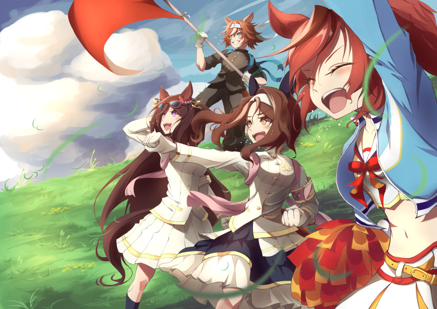 4girls, absurdres, animal_ears, armband, bamboo_memory_(deliver_this_feeling!)_(umamusume), bamboo_memory_(umamusume), black_skirt, black_socks
