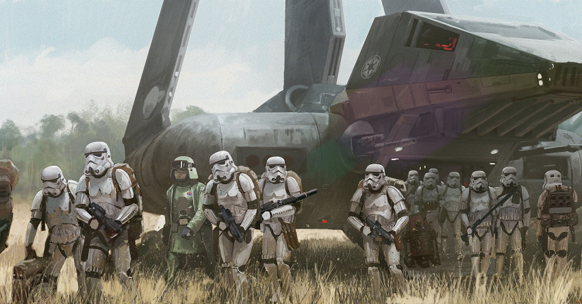 6+boys, astromech_droid, backpack, bag, belt, black_belt, clouds, coat, edouard_groult, english_commentary, galactic_empire, goggles, goggles_on_headwear, grass, green_coat, helmet, highres, lambda-class_t-4a_shuttle, multiple_boys, non-humanoid_robot, robot, sky, spacecraft, star_wars, stormtrooper, trench_coat, walking