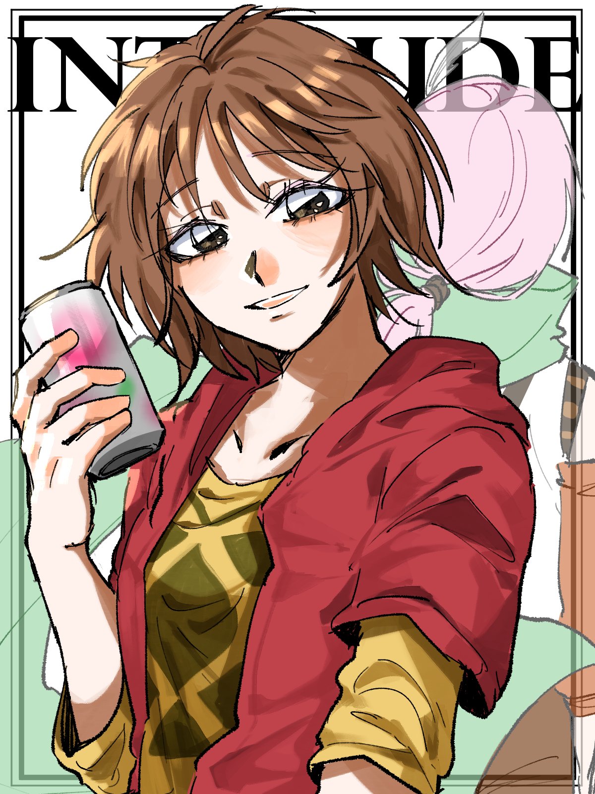 2boys, bishounen, brown_eyes, brown_hair, can, commentary, dita_iliner, highres