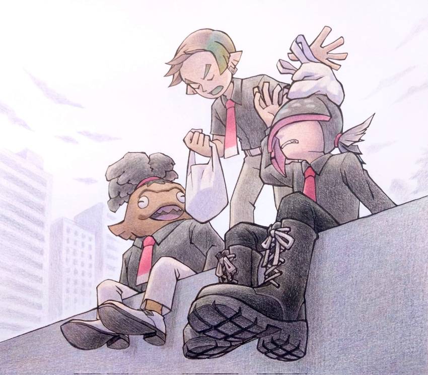 3boys, bag, black_footwear, black_pants, boots, clouds, co_ma_tsu_na, collared_shirt, grey_pants, grey_shirt, hair_over_eyes, highres, holding, holding_bag, kuze_(splatoon), long_sleeves, multiple_boys, necktie, nishida_(splatoon), outdoors, pants, red_necktie, shirt, shoes, sitting, splatoon_(series), splatoon_1, standing, taka_(splatoon), white_footwear, white_pants