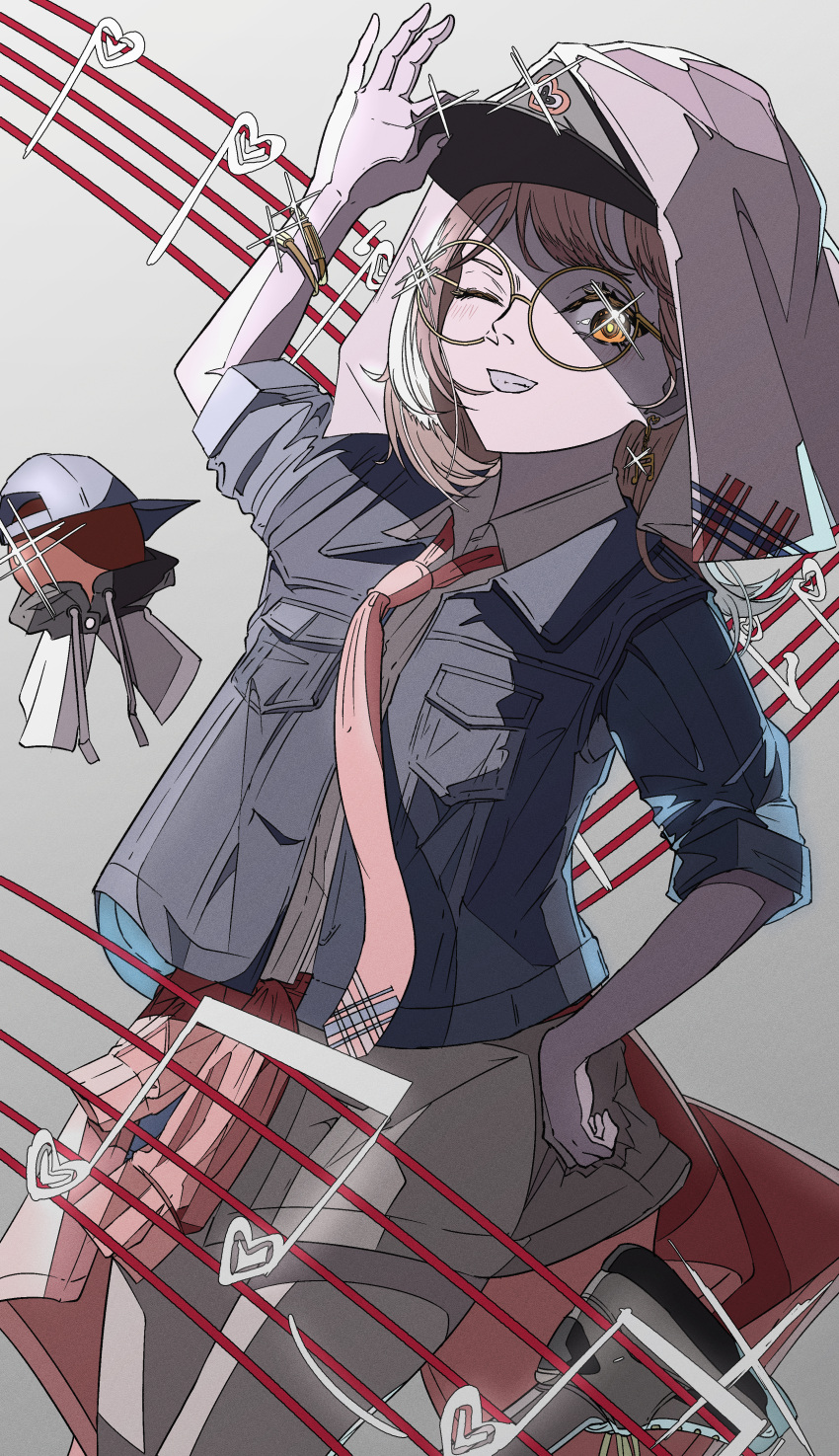 1girl, absurdres, adjusting_clothes, adjusting_headwear, apple_(reverse:1999), baseball_cap, beamed_eighth_notes, blue_jacket