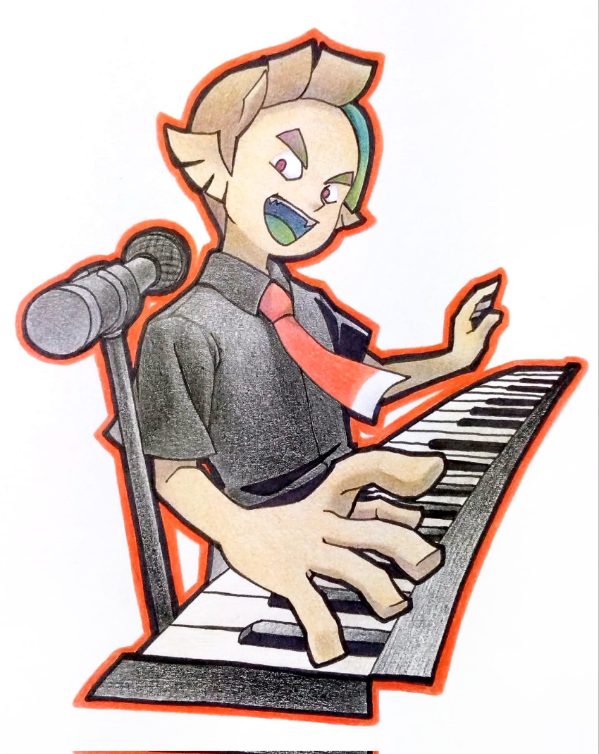 1boy, black_shirt, brown_eyes, brown_hair, co_ma_tsu_na, collared_shirt, colored_tongue, green_tongue