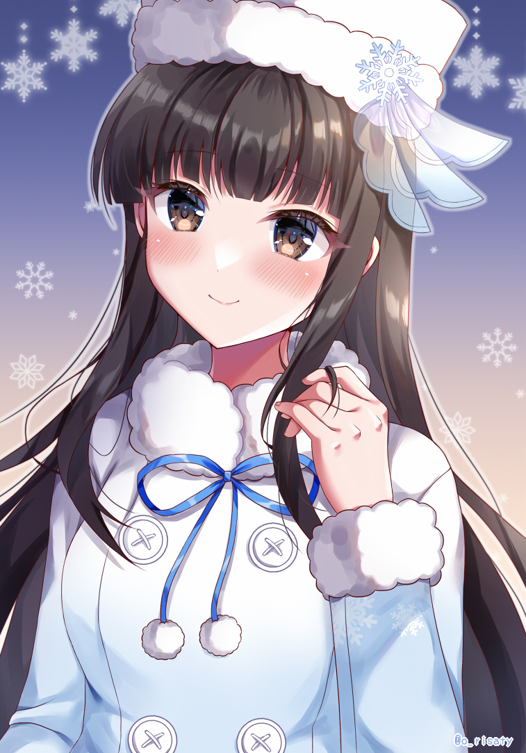 1girl, artist_name, birthday, black_hair, blue_ribbon, blunt_bangs, blush, breasts