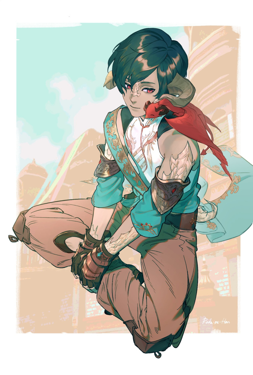 1boy, ^_^, au_ra, azdaja_(ff14), black_footwear, black_gloves, blue_sash, border