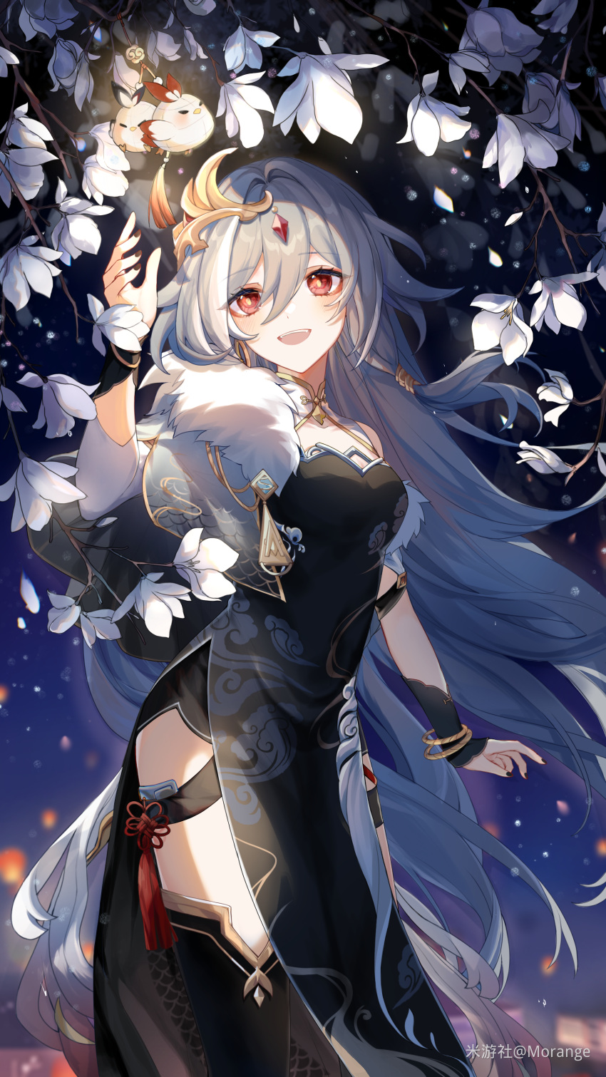 1girl, absurdres, alternate_costume, artist_name, asymmetrical_clothes, black_dress, black_nails, black_thighhighs
