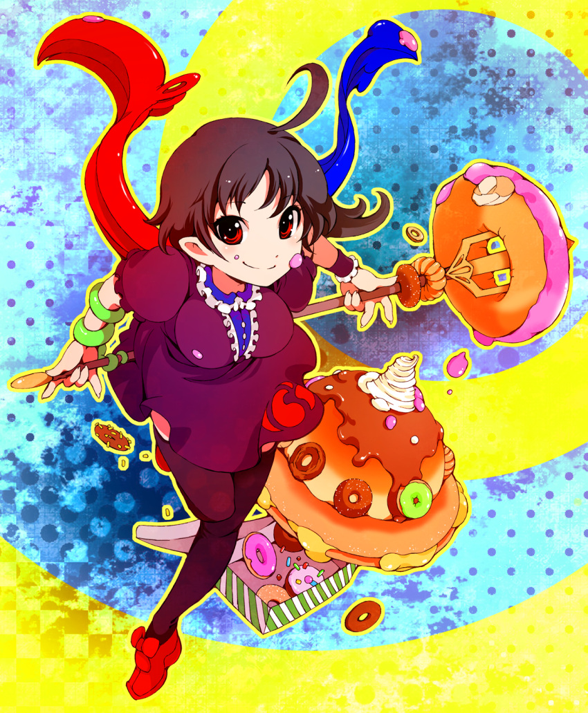 black_hair, black_legwear, black_thighhighs, breasts, cake, doughnut, food, highres