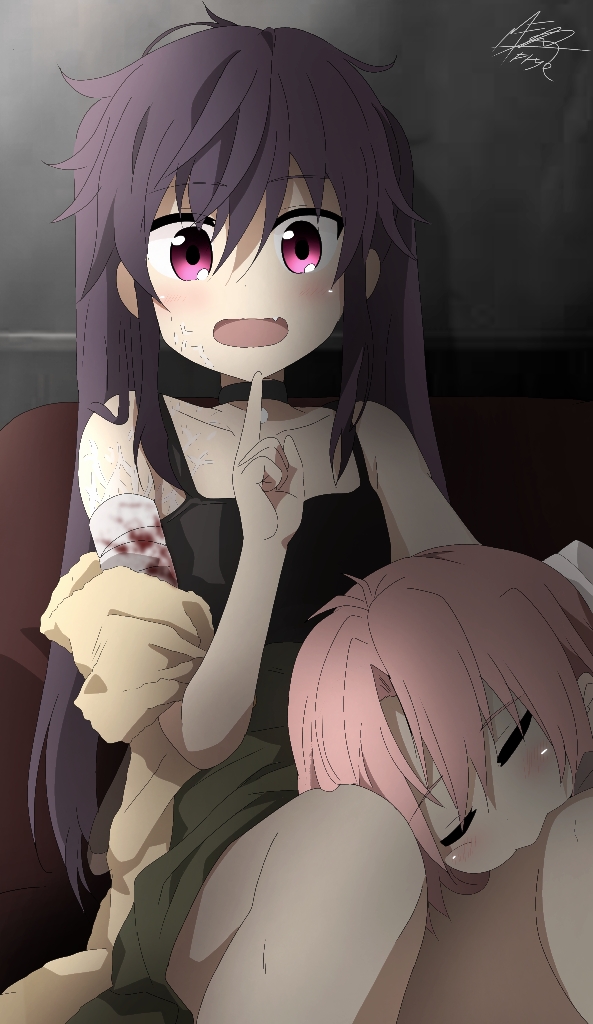 2girls, bandaged_arm, bandages, blood, closed_eyes, ebisuzawa_kurumi, fang, fangs