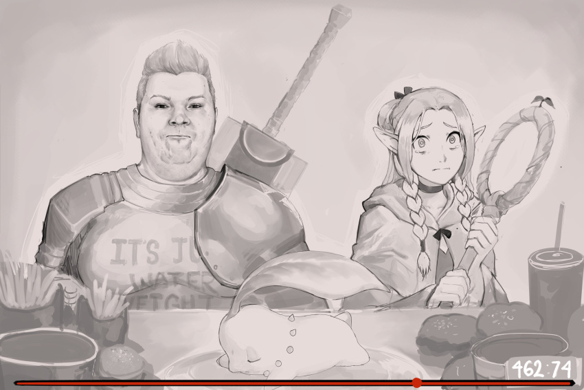 1boy, 1girl, absurdres, armor, braid, burger, capelet, choker
