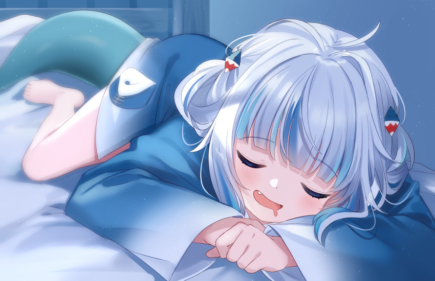 1girl, barefoot, blue_hair, blue_hoodie, chocola_vt, closed_eyes, drooling, fins, fish_tail, gawr_gura, gawr_gura_(1st_costume), grey_hair, hair_ornament, highres, hololive, hololive_english, hood, hoodie, medium_hair, mouth_drool, open_mouth, shark_girl, shark_hair_ornament, shark_tail, sleeping, solo, tail, two_side_up, virtual_youtuber