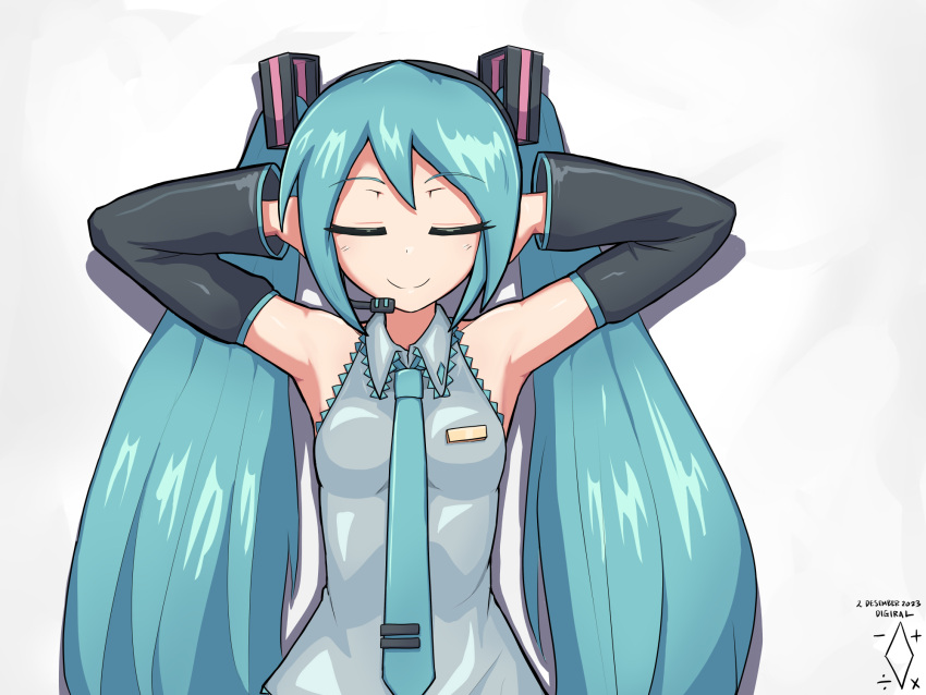 1girl, aqua_hair, aqua_necktie, arms_behind_head, arms_up, artist_logo, artist_name, black_sleeves