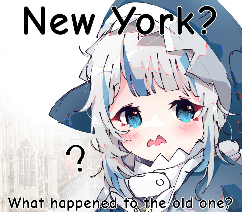 1girl, ?, animal_costume, animal_hood, blue_eyes, blue_hair, blue_hoodie, english_text