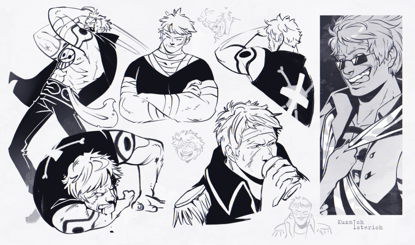 1boy, age_comparison, bandages, bellamy, blood, blood_on_face, cape, chest_tattoo