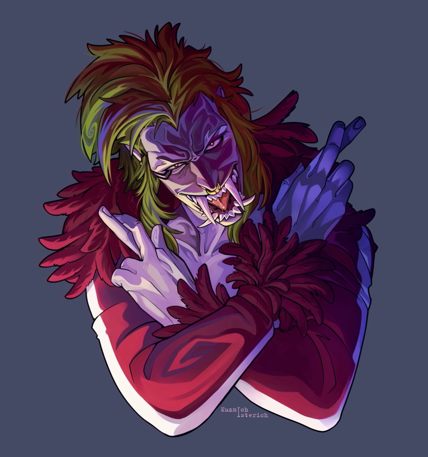 1boy, bartolomeo, crazy_smile, cropped_torso, crossed_fingers, fangs, hands_up, head_tilt