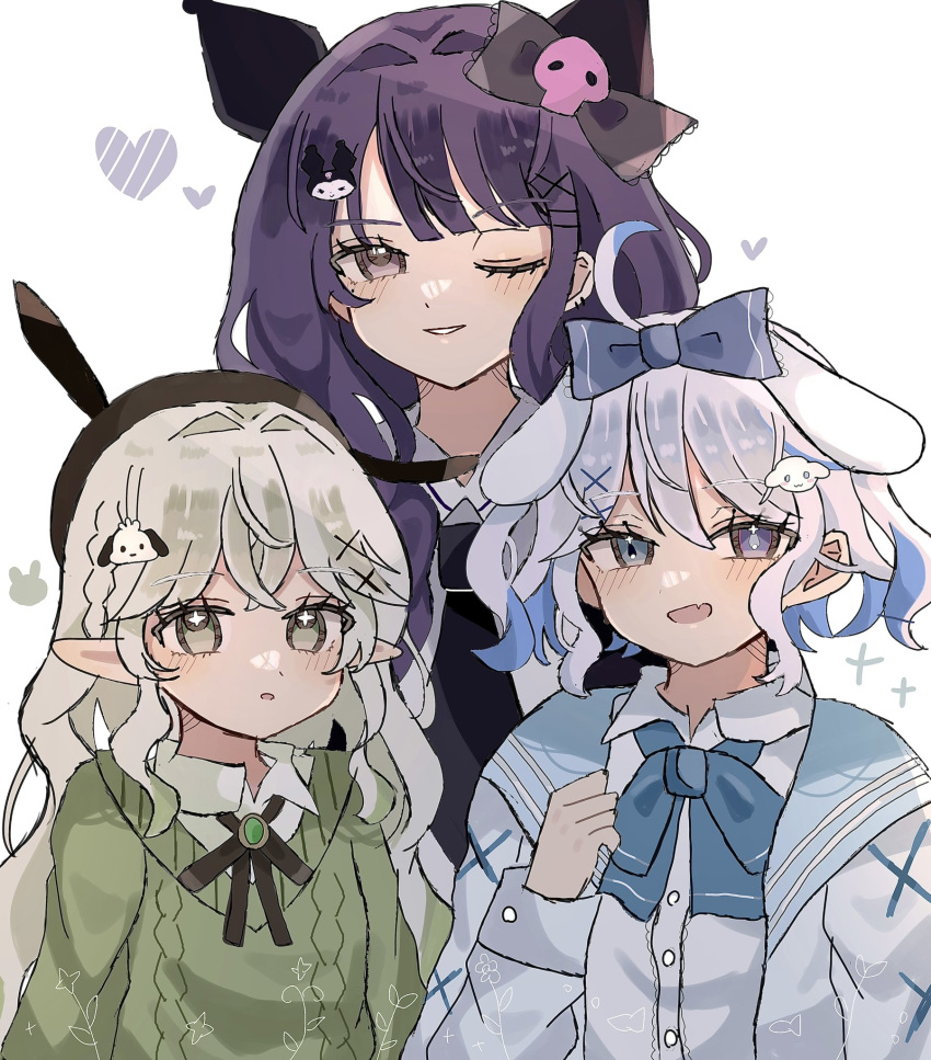 3girls, :d, :o, ahoge, alternate_costume, animal_ears, black_necktie, black_ribbon