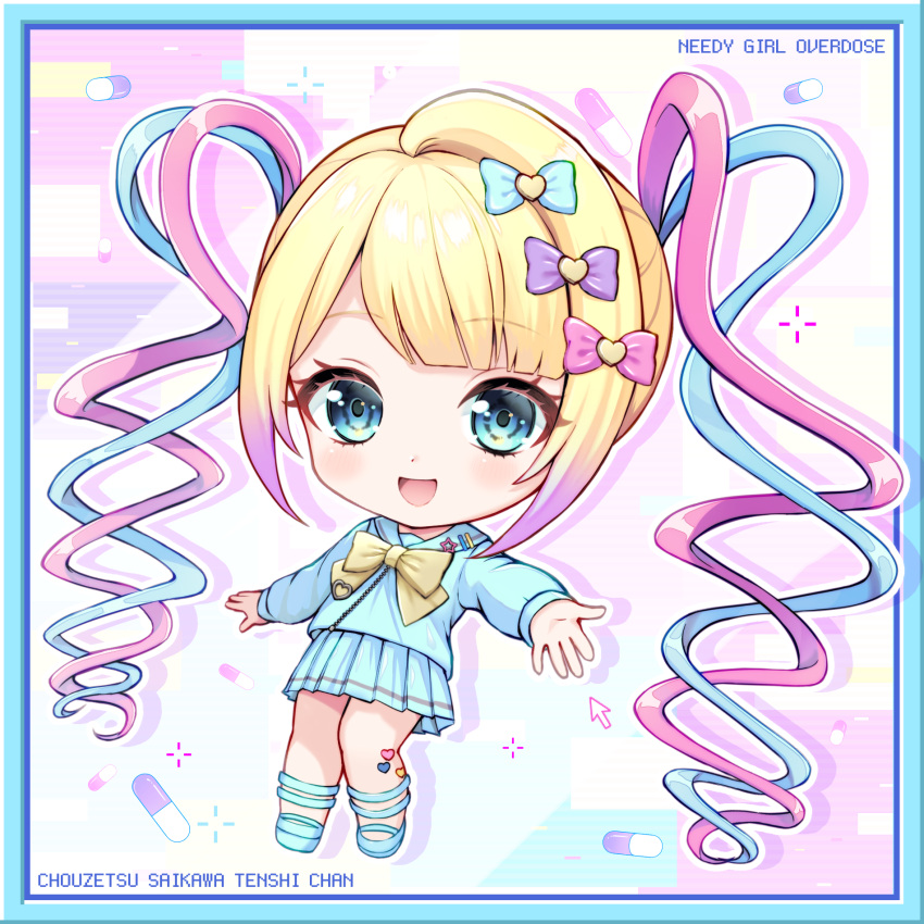 1girl, :d, blonde_hair, blue_border, blue_bow, blue_eyes, blue_footwear, blue_hair