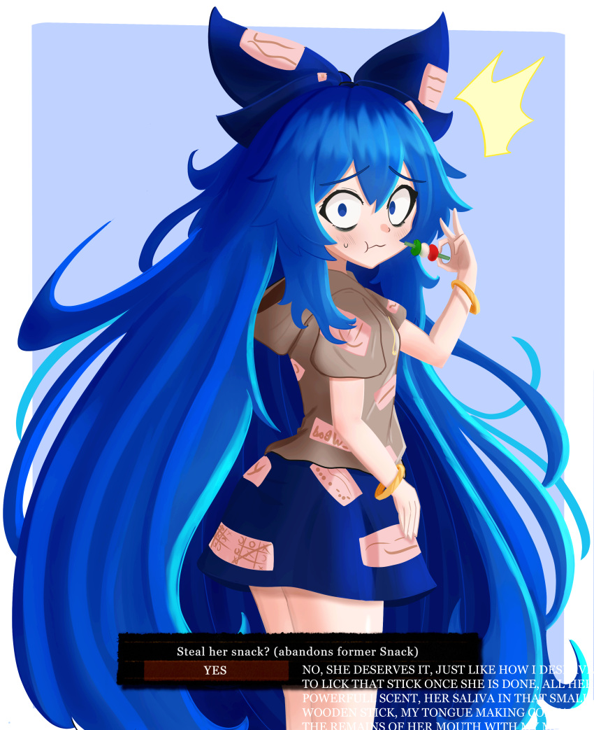 1girl, absurdres, blue_background, blue_bow, blue_eyes, blue_hair, blue_skirt, bow