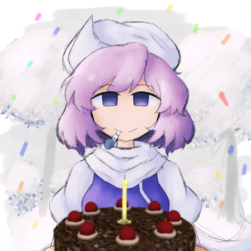 1girl, absurdres, black_forest_cake, blue_eyes, cake, candle, closed_mouth, confetti
