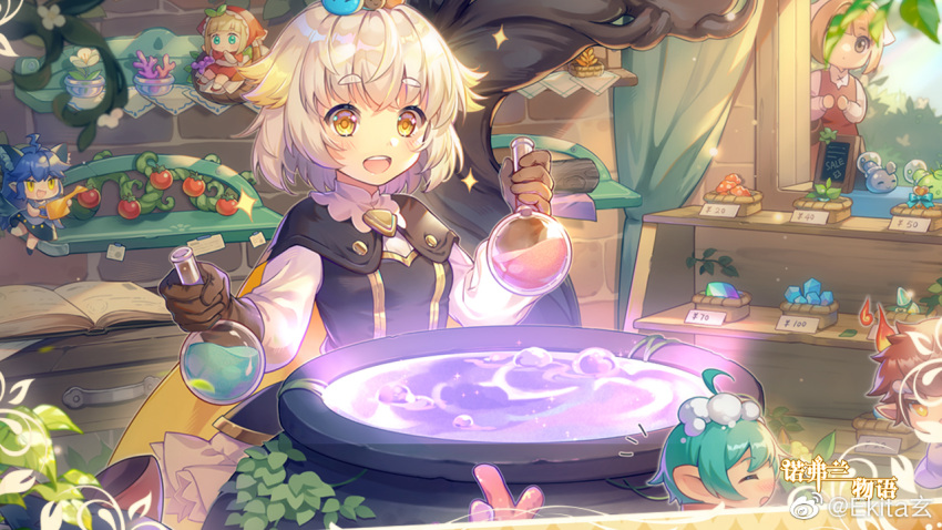 2boys, 4girls, :o, ^_^, ahoge, animal_ears, aqua_hair, black_cape