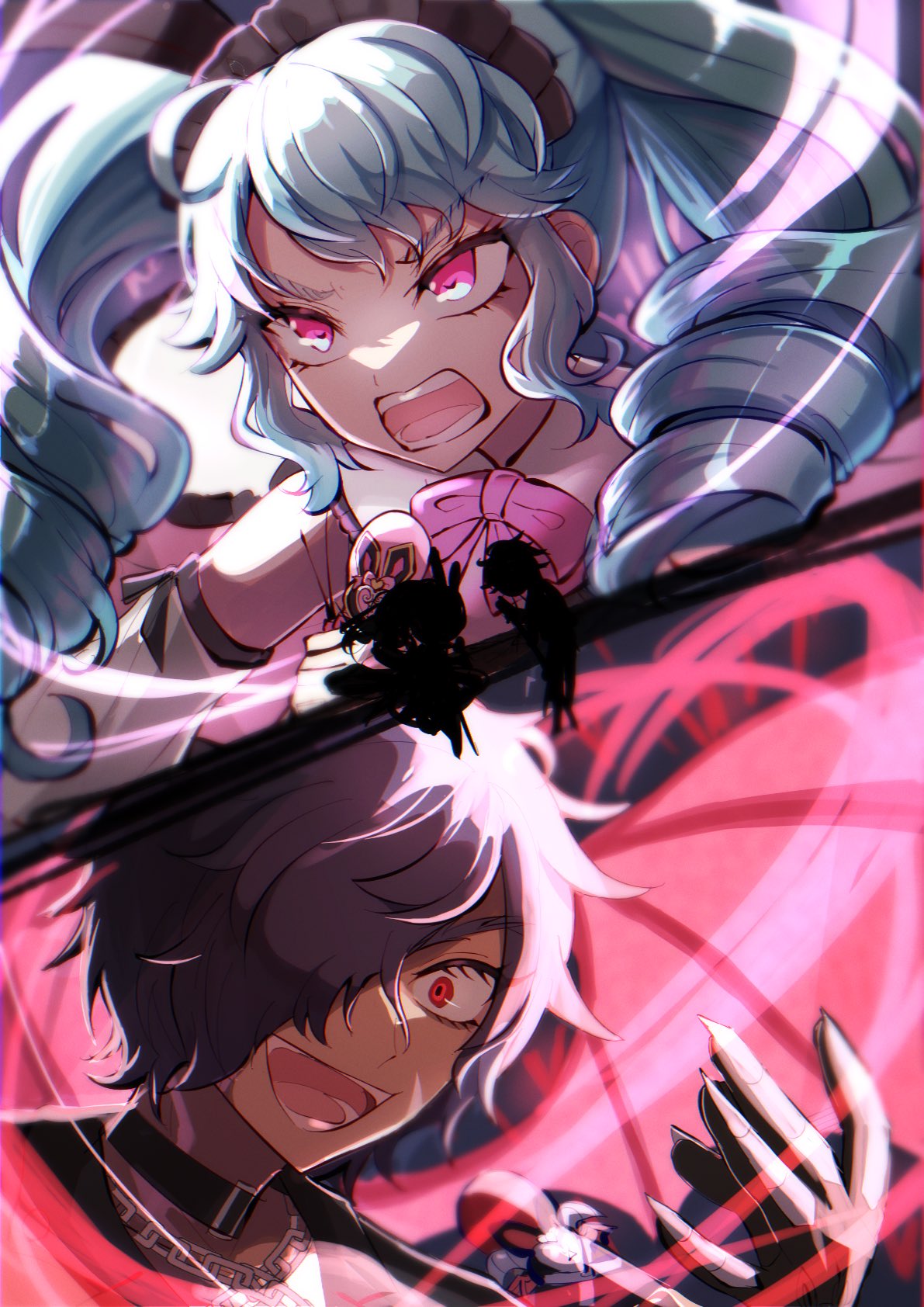 1boy, 1girl, ajisai_hana_(hydrangea_096), angry, black_collar, blue_hair, bow, collar