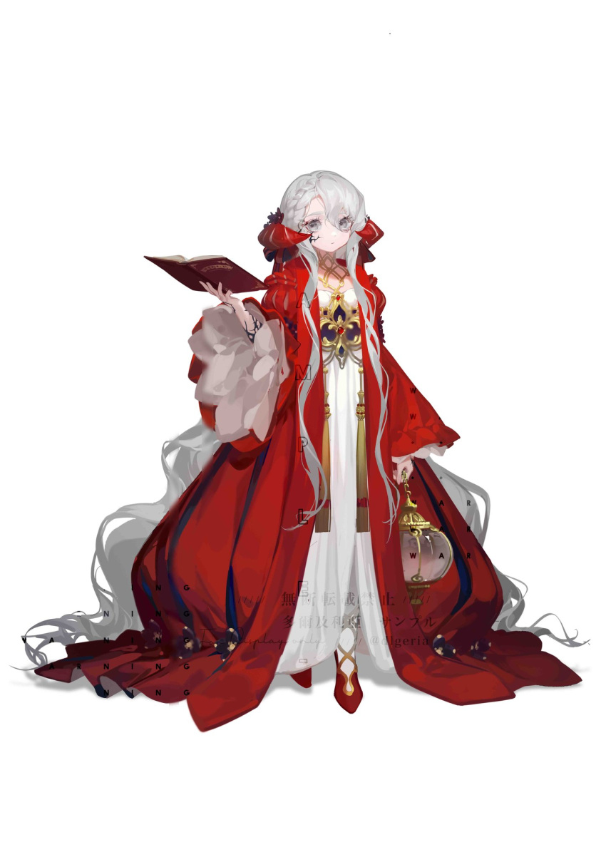 1girl, arm_at_side, book, braid, breasts, cape, chinese_text, closed_mouth