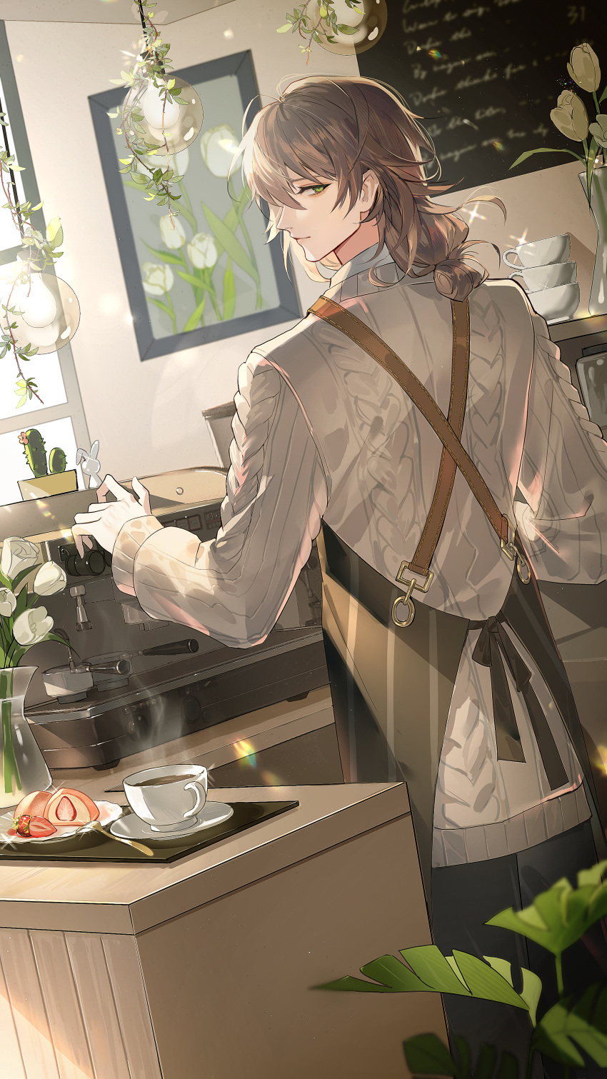 1boy, absurdres, apron, aran_sweater, banquet_of_vesta, black_apron, black_pants, brown_hair