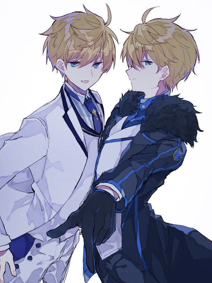 2boys, :d, arthur_pendragon_(fate), arthur_pendragon_(white_rose)_(fate), black_coat, black_gloves, black_pants, blonde_hair