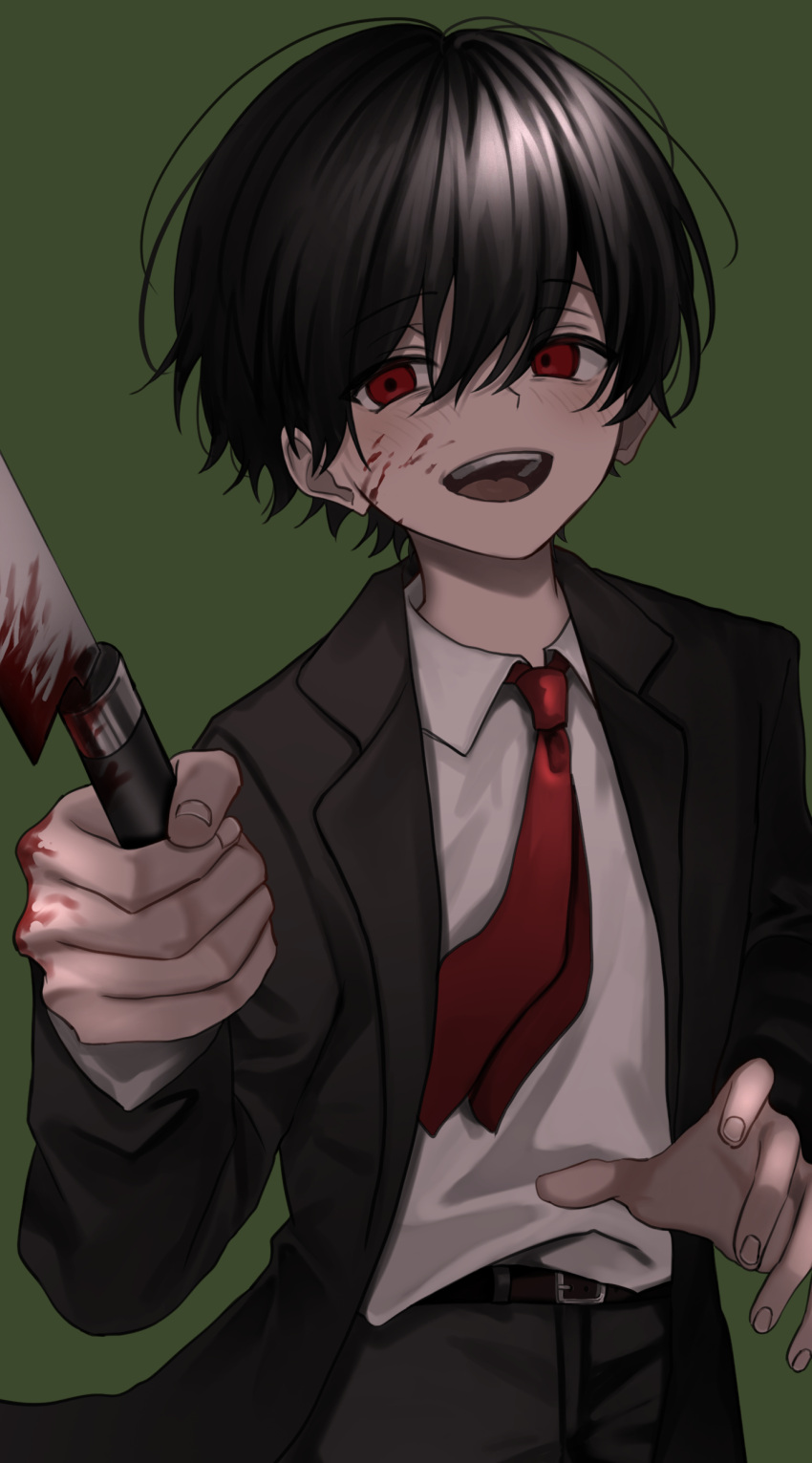 1boy, absurdres, akanei6no_sora, black_hair, black_jacket, black_pants, blood, blood_on_face, blood_on_knife, collared_shirt, green_background, hair_between_eyes, highres, holding, jacket, knife, long_sleeves, looking_at_viewer, male_focus, necktie, open_clothes, open_jacket, open_mouth, original, pants, red_eyes, shirt, simple_background, solo, white_shirt