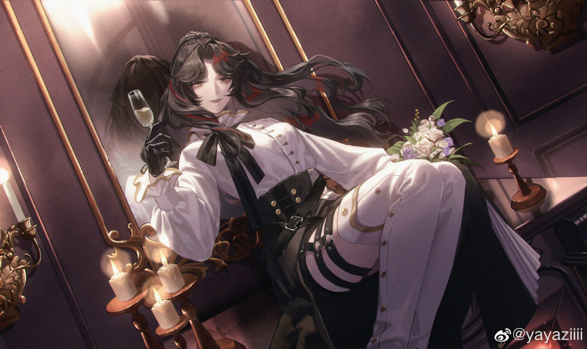 1girl, absurdres, alcohol, banquet_of_vesta, black_hair, black_ribbon, black_shorts, black_skirt, boots, candle, candlestand, champagne, champagne_flute, cup, curtained_hair, dress_shirt, drinking_glass, feet_out_of_frame, flower, frilled_shirt_collar, frilled_sleeves, frills, genevieve_yolande, high_ponytail, highres, holding, holding_cup, legs_together, long_hair, long_sleeves, looking_at_viewer, mirror, multicolored_hair, neck_ribbon, o-ring, o-ring_thigh_strap, parted_bangs, parted_lips, puffy_long_sleeves, puffy_sleeves, purple_flower, purple_rose, redhead, ribbon, rose, shirt, shorts, shorts_under_skirt, side_slit, sidelocks, sitting, sitting_on_table, skirt, solo, streaked_hair, table, thigh_boots, thigh_strap, wavy_hair, weibo_logo, weibo_username, white_flower, white_footwear, white_rose, white_shirt, wide_ponytail, yayaziiii