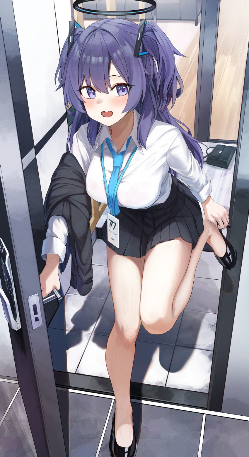 1girl, absurdres, arch_a4, black_footwear, black_jacket, black_skirt, blue_archive, blue_necktie, blush, breasts, collared_shirt, commentary, door, doorway, halo, high_heels, highres, id_card, indoors, jacket, lanyard, long_hair, long_sleeves, mechanical_halo, medium_breasts, necktie, open_mouth, pleated_skirt, purple_hair, shirt, skirt, solo, standing, standing_on_one_leg, two_side_up, unworn_jacket, violet_eyes, white_shirt, yuuka_(blue_archive)