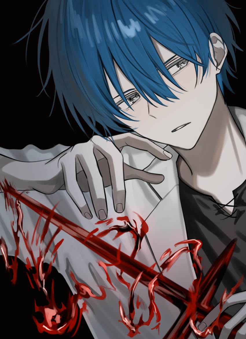 1boy, akanei6no_sora, black_background, black_shirt, blue_hair, grey_eyes, hair_between_eyes, highres