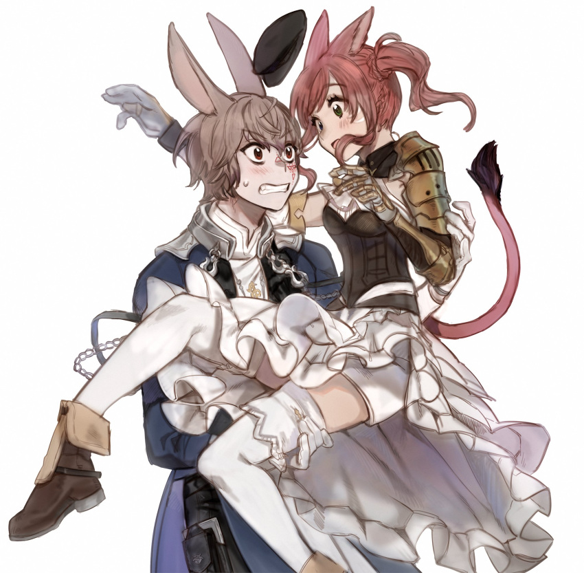 1boy, 1girl, :o, animal_ears, ankle_boots, black_headwear, blue_coat, boots