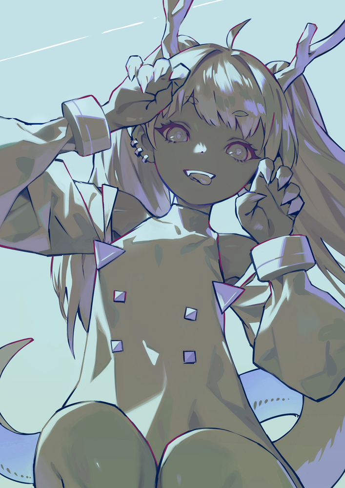 1girl, :p, ahoge, claw_pose, detached_sleeves, dragon_girl, dragon_horns, dragon_tail, dress, ear_piercing, fingernails, horns, long_hair, looking_at_viewer, miyazaki_akira, monochrome, original, piercing, sharp_fingernails, solo, spot_color, tail, teeth, tongue, tongue_out, twintails