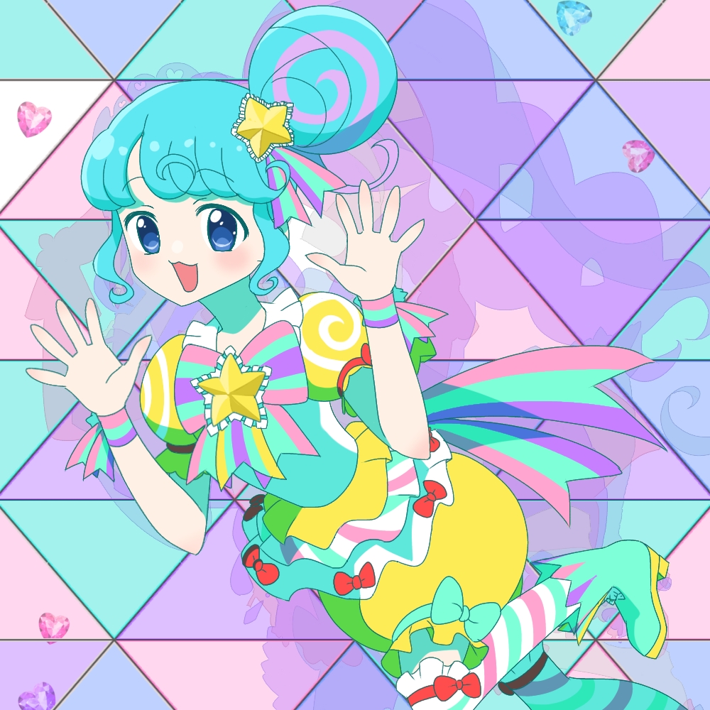 1girl, :d, blue_eyes, blue_hair, commentary_request, hair_bun, hair_ornament, hands_up