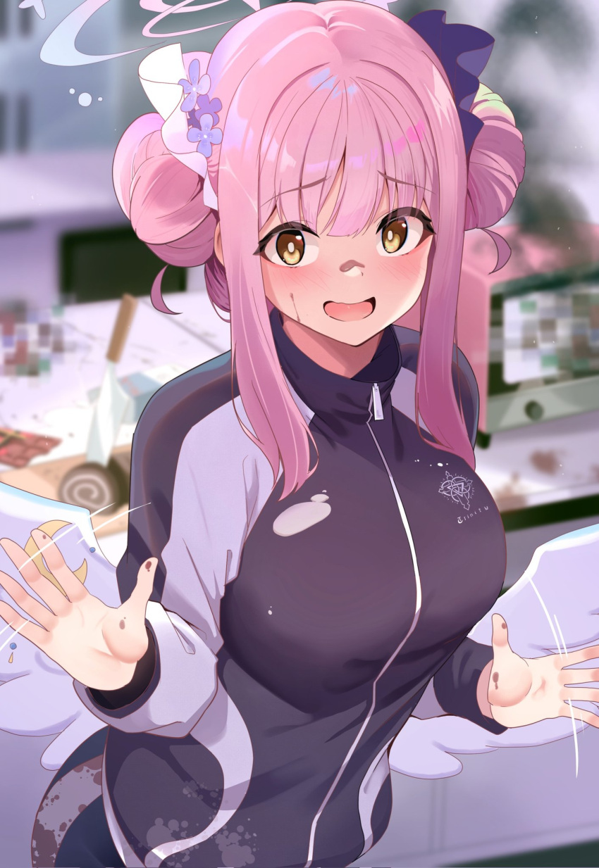 1girl, angel_wings, black_jacket, blue_archive, blush, cake, chocolate, double_bun