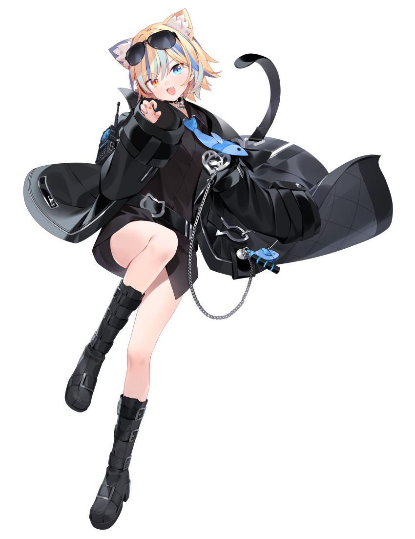 animal_ears, black_coat, black_footwear, black_survival, blonde_hair, blue_eyes, blue_hair, blue_necktie