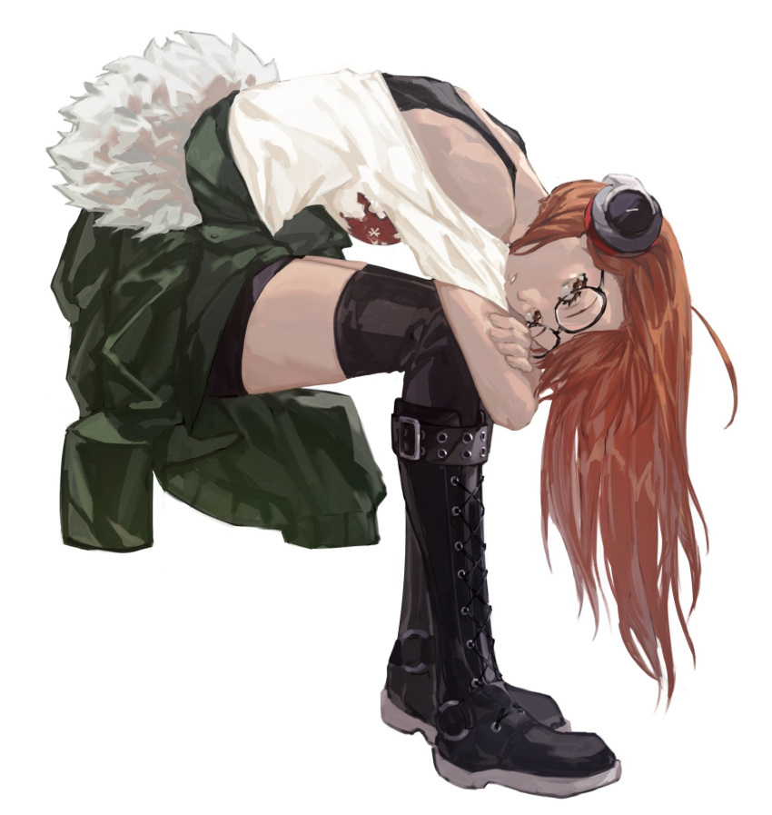 1girl, black_footwear, black_tank_top, black_thighhighs, boots, brown_eyes, full_body, fur-trimmed_jacket, fur_trim, glasses, green_jacket, headphones, highres, hunched_over, jacket, long_hair, looking_at_viewer, open_clothes, open_jacket, orange_hair, parted_lips, persona, persona_5, richost, sakura_futaba, shorts, simple_background, solo, tank_top, thigh-highs, white_background