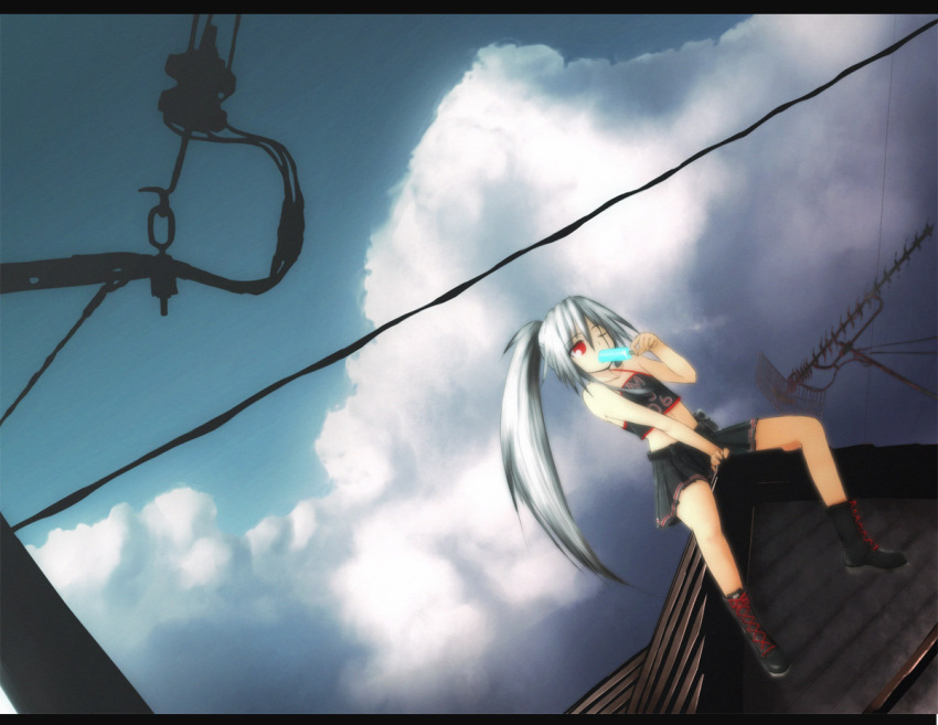 antennae, arm_support, boots, clouds, cross-laced_footwear, dutch_angle, foxhound, lace-up_boots