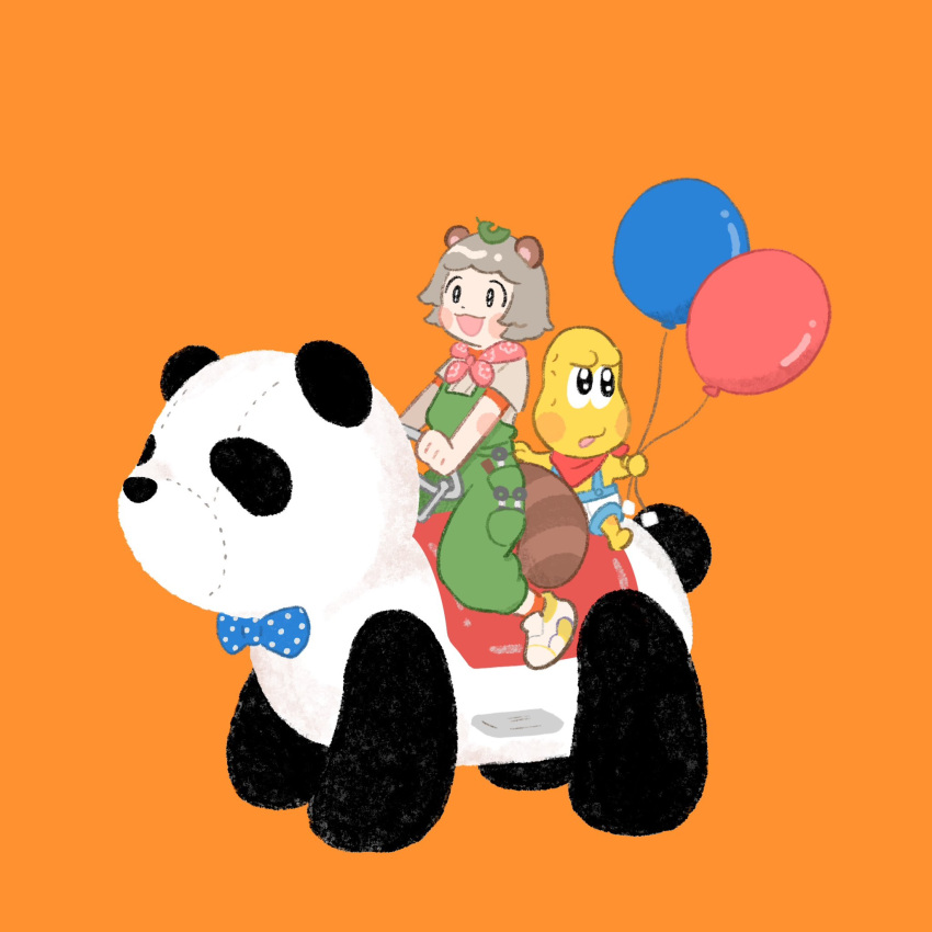 1boy, 1girl, :3, animal_ears, animal_nose, bald, balloon, bandana_around_neck