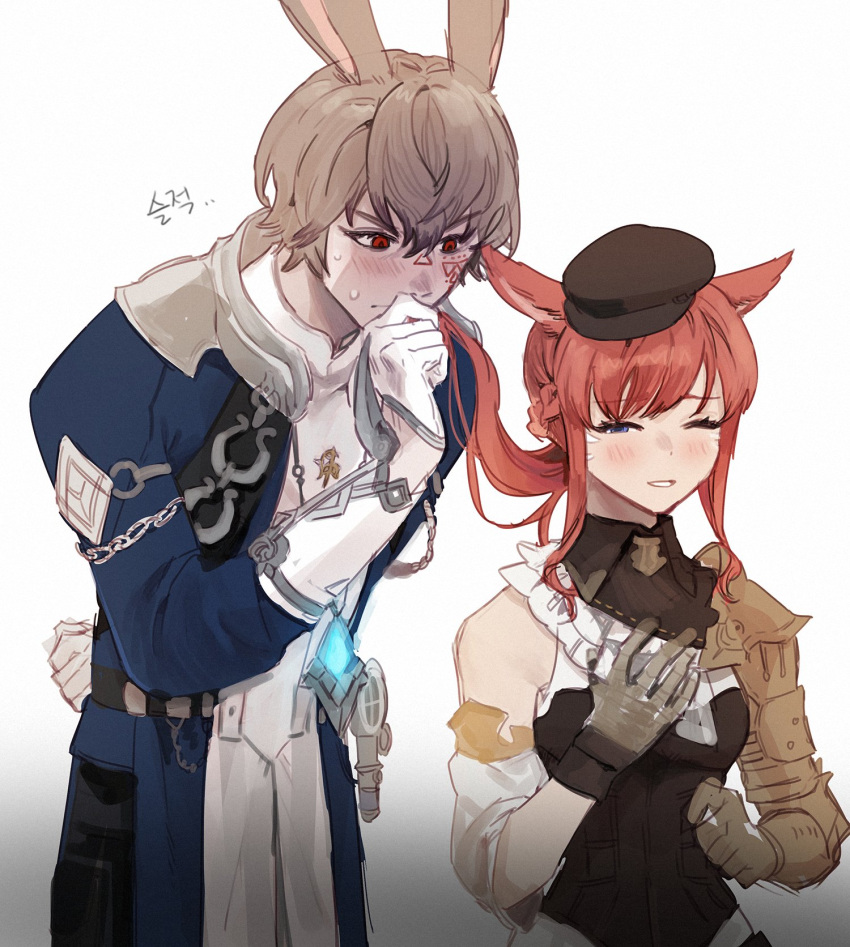 1boy, 1girl, animal_ears, black_headwear, blue_vest, blush, braid, brown_gloves