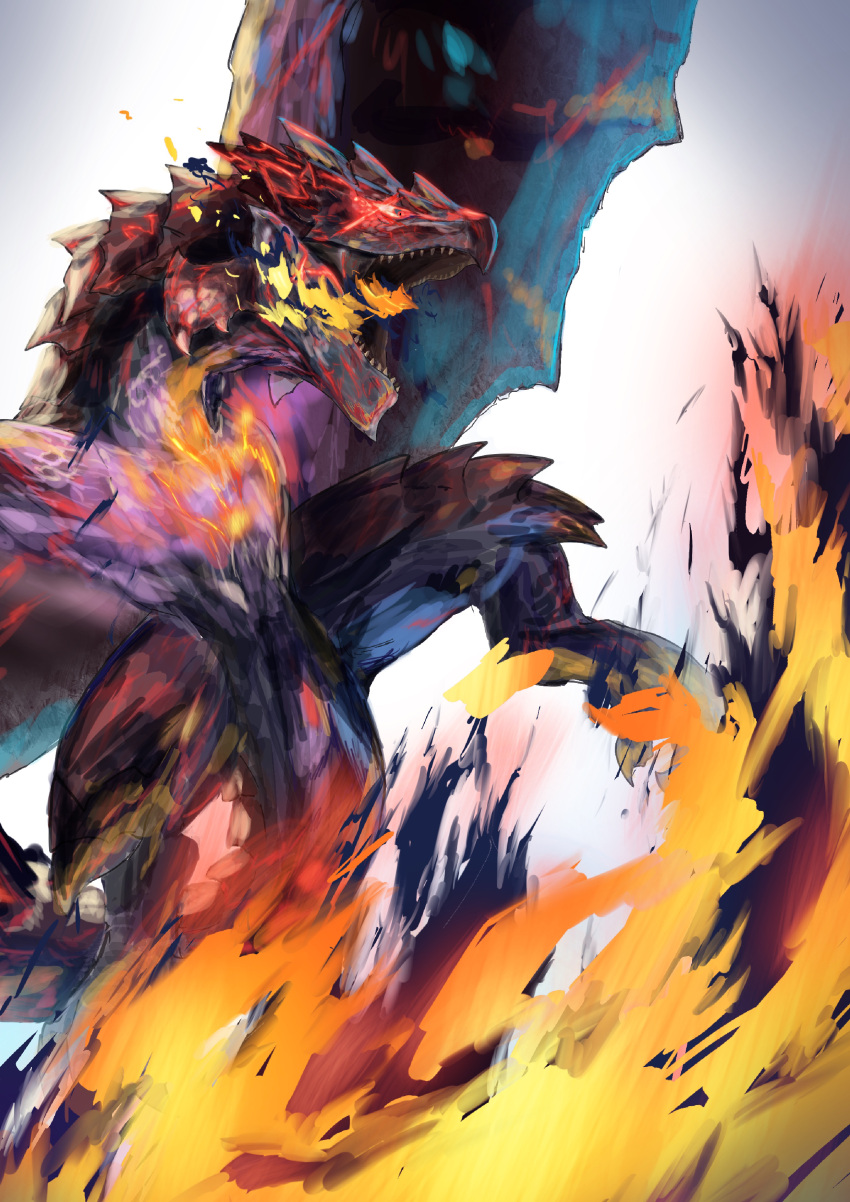 absurdres, apex_rathalos, breathing_fire, claws, colored_sclera, dragon, fire, flying, fujikura, glowing, glowing_eyes, gradient_background, highres, monster_hunter_(series), monster_hunter_rise, open_mouth, pointy_ears, rathalos, red_eyes, scales, scar, sharp_teeth, spikes, spread_wings, tail, talons, teeth, wings, wyvern