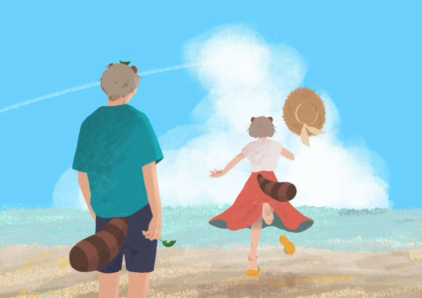 1boy, 1girl, alternate_costume, animal_ears, anipoko, arms_at_sides, barefoot, beach